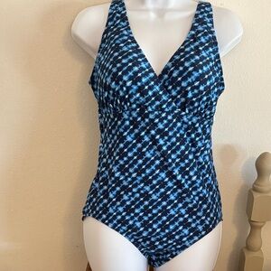 Lands' End Black and Blue Geometric One Piece Swimsuit